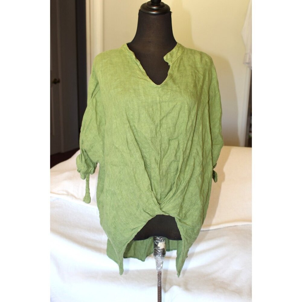 Italy 100% linen Green Asymmetrical Tunic Top Pull Over Half Sleeves Size 2X?